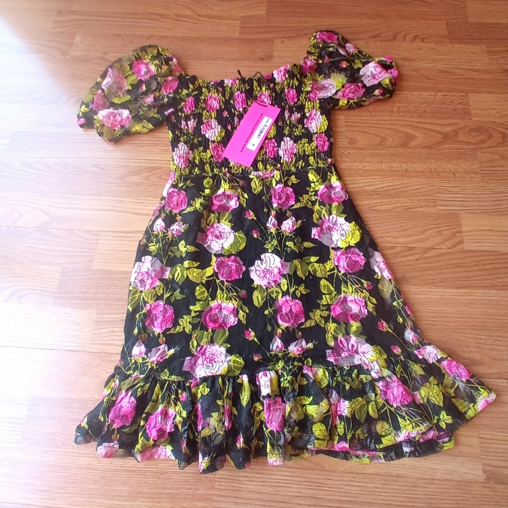 NWT Betsey Johnson juniors dress , black floral sz XS MSRP $99.00 - Picture 6 of 7